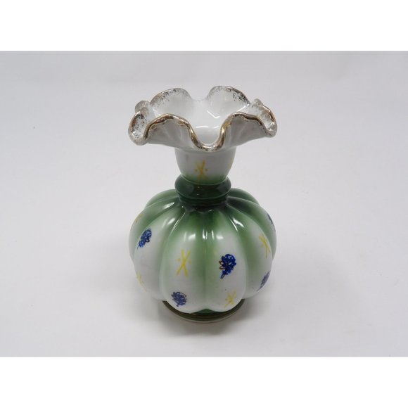 Accents Vintage Gold Trimmed Green White Vase With Blue Flowers 5 H